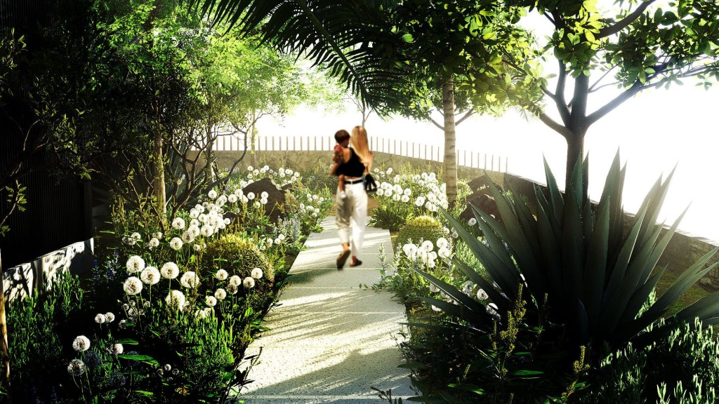 Sendero rodeado de plantas y flores, con una persona que sostiene a un niño caminando por él, iluminado por la luz del sol.